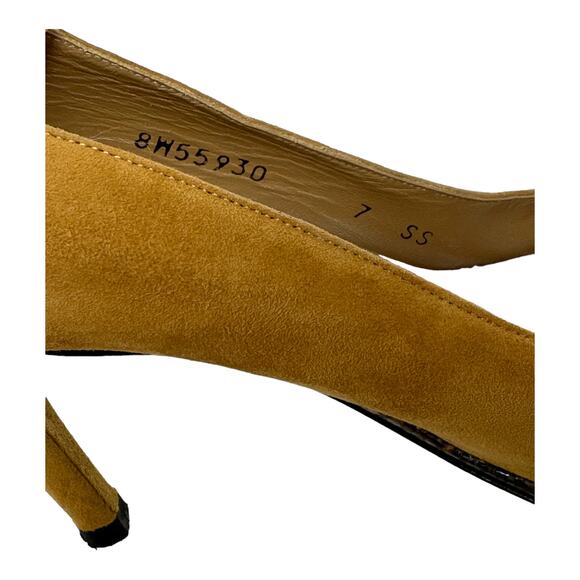 Stuart Weitzman Purist Camel Suede Reptile Skin Trim Heels Pumps Size 7 - Picture 8 of 14